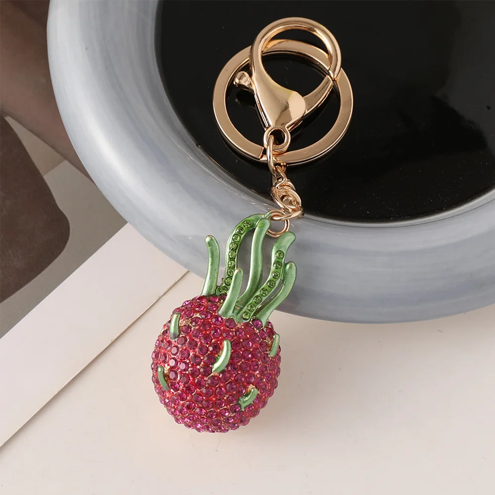 Rhinestone Pitaya Keychain Pendant for Women Bag Men Car Key Chain Accessories Friends Gift Tropical Fruit Metal Charms Keyring