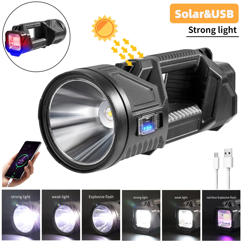 Double Head Portable Searchlight with Side Light Solar USB Rechargeable Armored Flashlight 18650 Power Bank Camping Repair Light