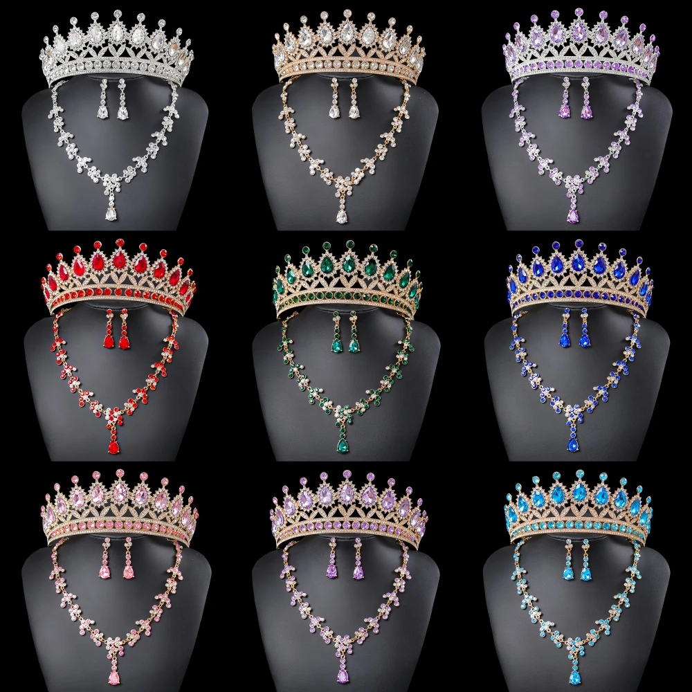 

Набор из 3 предметов: колье, серьги и корона с кристаллами, свадебный комплект украшений с камнями, аксессуары для волос, корона-тиара, подарок