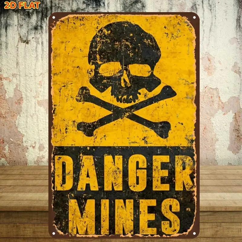 2D Flat, 1pc, Danger Mines Sign Wall Decor Metal Tin Sign, Suitable for Indoor, Garden, Outdoor, Home, Office, Toilet Decoration