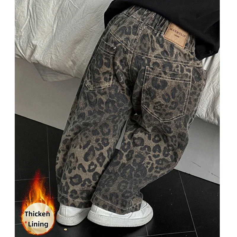 

Korean Style Leopard Print Kids Jeans Fleece-Lined Elastic Waist 2-7Y Boys Pants Autumn Winter Casual Streetwear