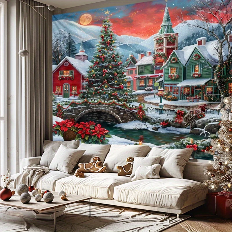VIKAMA Christmas Snow Scene Tapestry Light-Up Snow Town Bridge and Stream Living Room Feature Wall Decor Room Accent