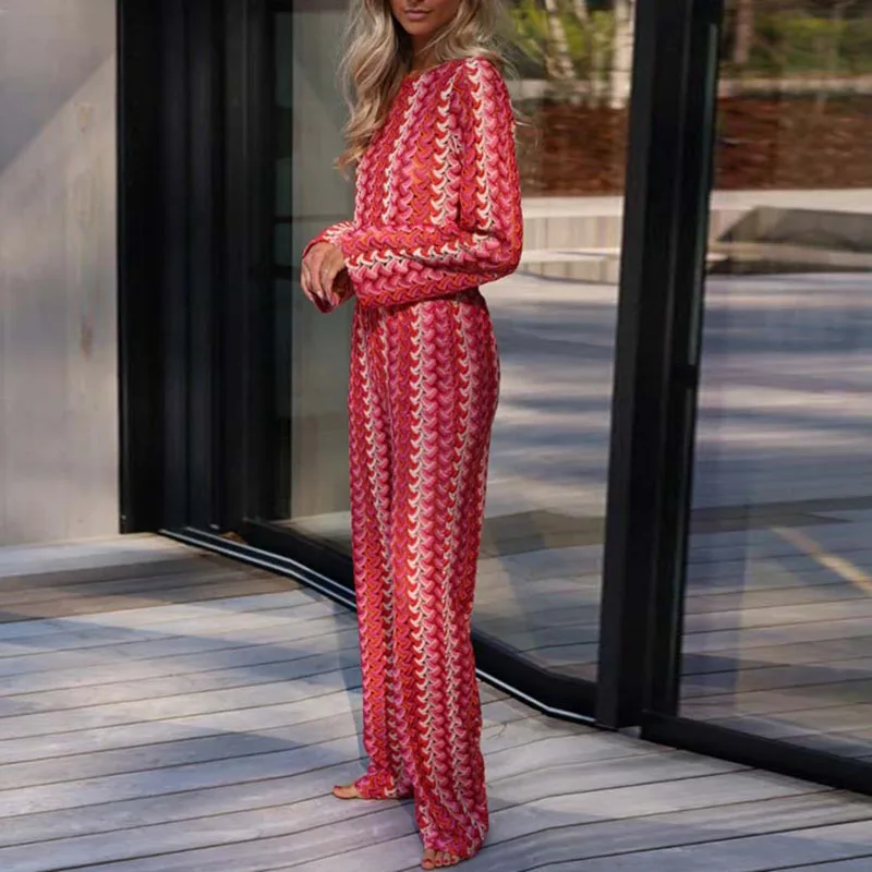 Conjunto de gancho de ganchillo con estampado de rayas para mujer, Top corto y pantalones sexys con cuello redondo, traje de moda de manga larga, ropa femenina