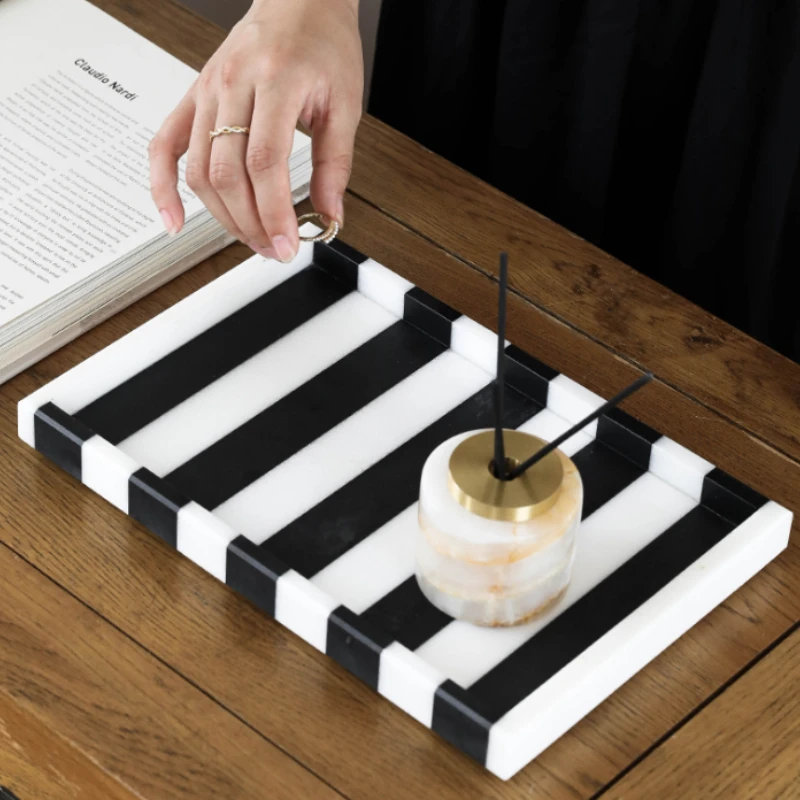 Marble Stone Black and White Checkerboard  Splicing Mosaic Tray Jewelry Dish Natural Marble Tray for Bathroom Kitchen Counter