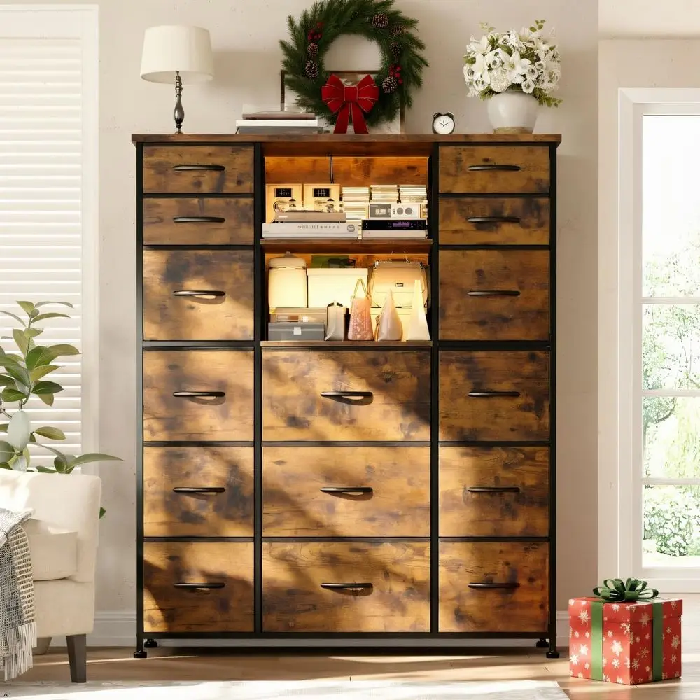DAFIFY Comò con 15 cassetti, stazione di ricarica e luci a LED, tessuto robusto, struttura in acciaio, marrone rustico, 51,2 A x 39,3 L x 11,8