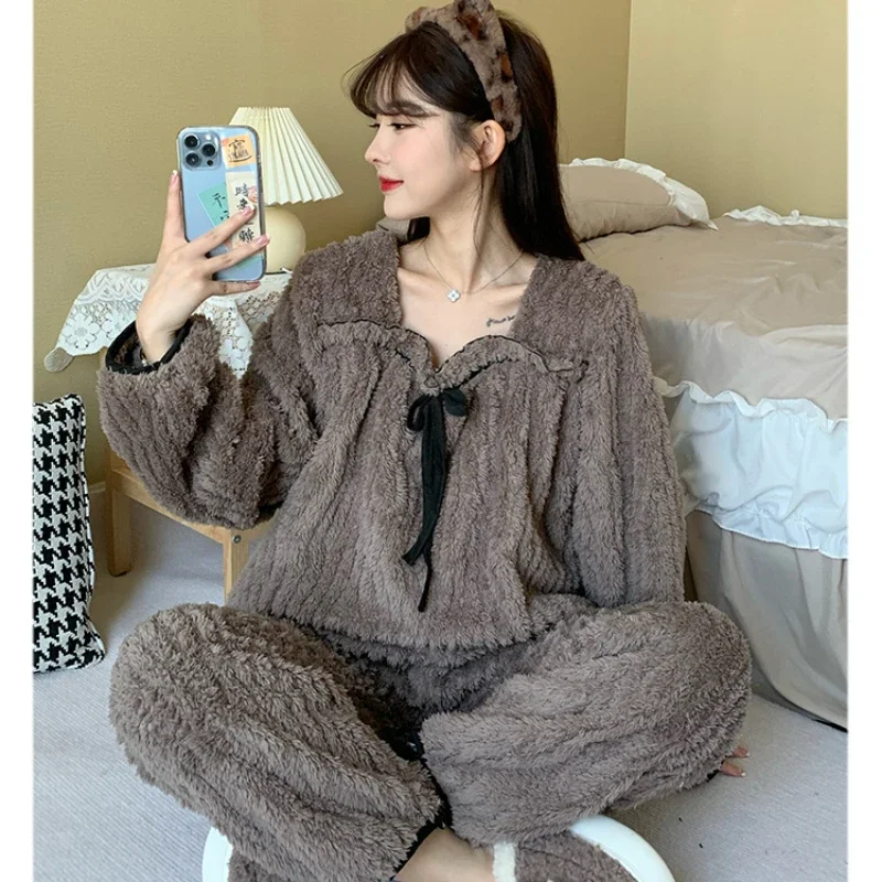 

5XL Autumn/winter Coral Fleece Pajama Set Women's Plus Siize Long Sleeve Loose Thickened Warm Loungewear Can Be Worn Outside