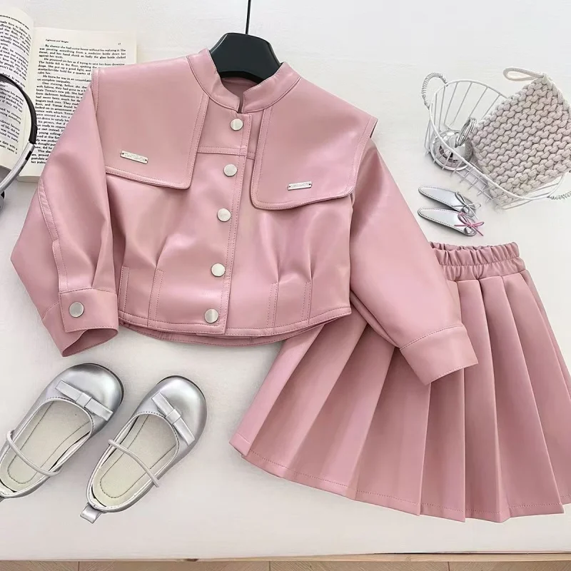 

Girls' Leather Jacket Set Autumn New Korean Version Girls' Lapel Fashion Long Sleeved Leather Jacket+pleated Skirt Two-piece Set
