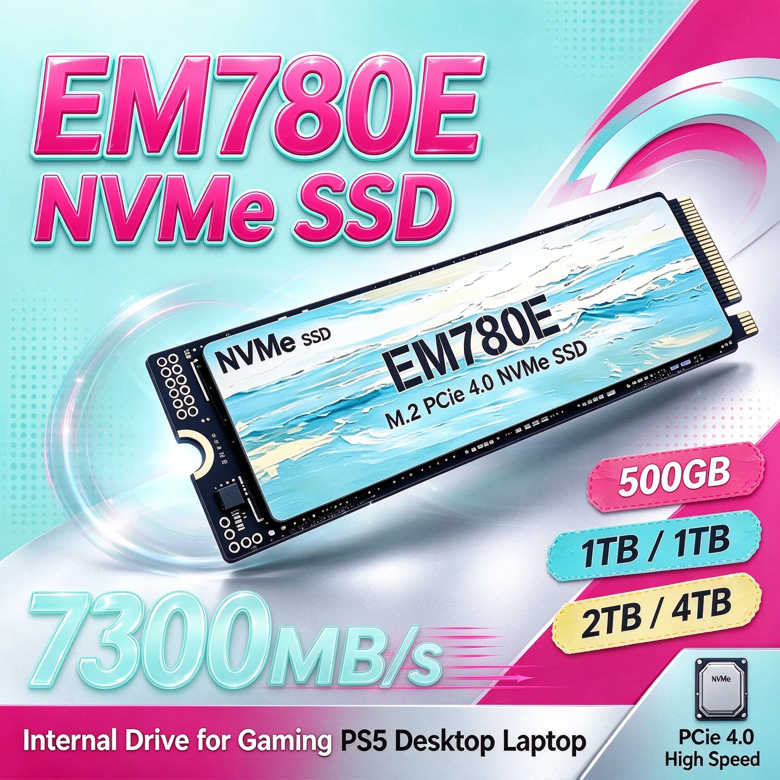 EM780E NVMe SSD PCIe 4.0 M.2 7300MB/s Reliable Stable Built to Last Internal Drive for PS5 Desktop Laptop 4TB Maximum Storage