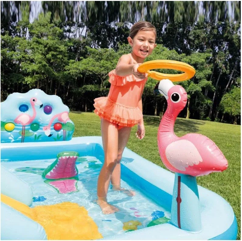 57453EP Rainbow Inflatable Play Center – Kids Water Slide Pool with Sprayer & Ring Toss, Family Kiddie Pool for Ages 2+