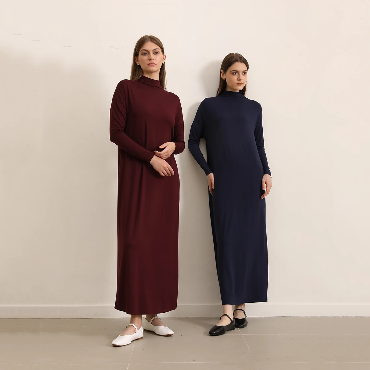 AP 2025 Autumn Women Modal Maxi Dress Mock Neck Lady Loose Style Clothing Batwing Sleeve Soft and Elegant