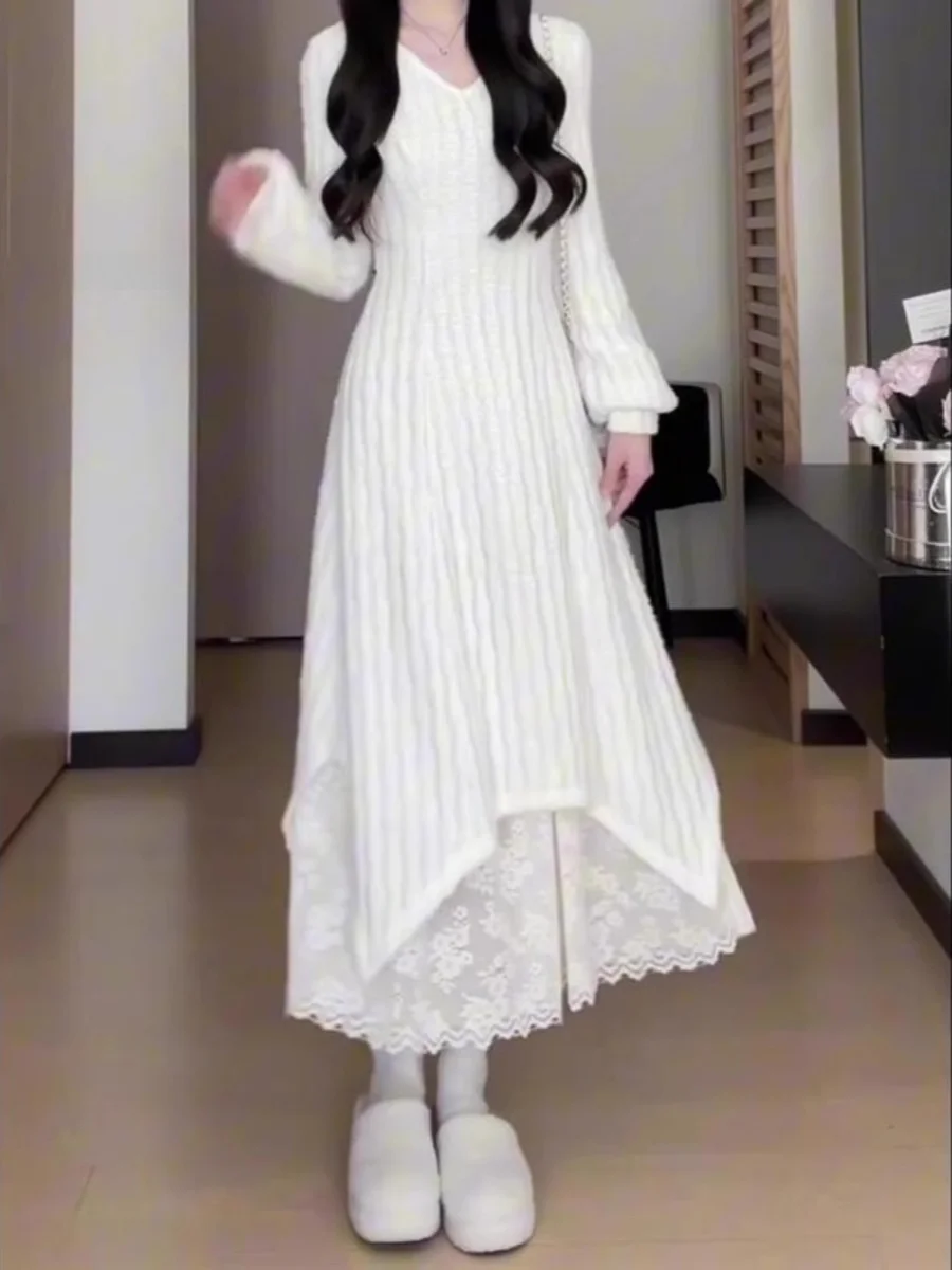 Plus size malha longa sve dr camisola de camada base feminina dr renda emenda longo dr casual sle a linha silhueta