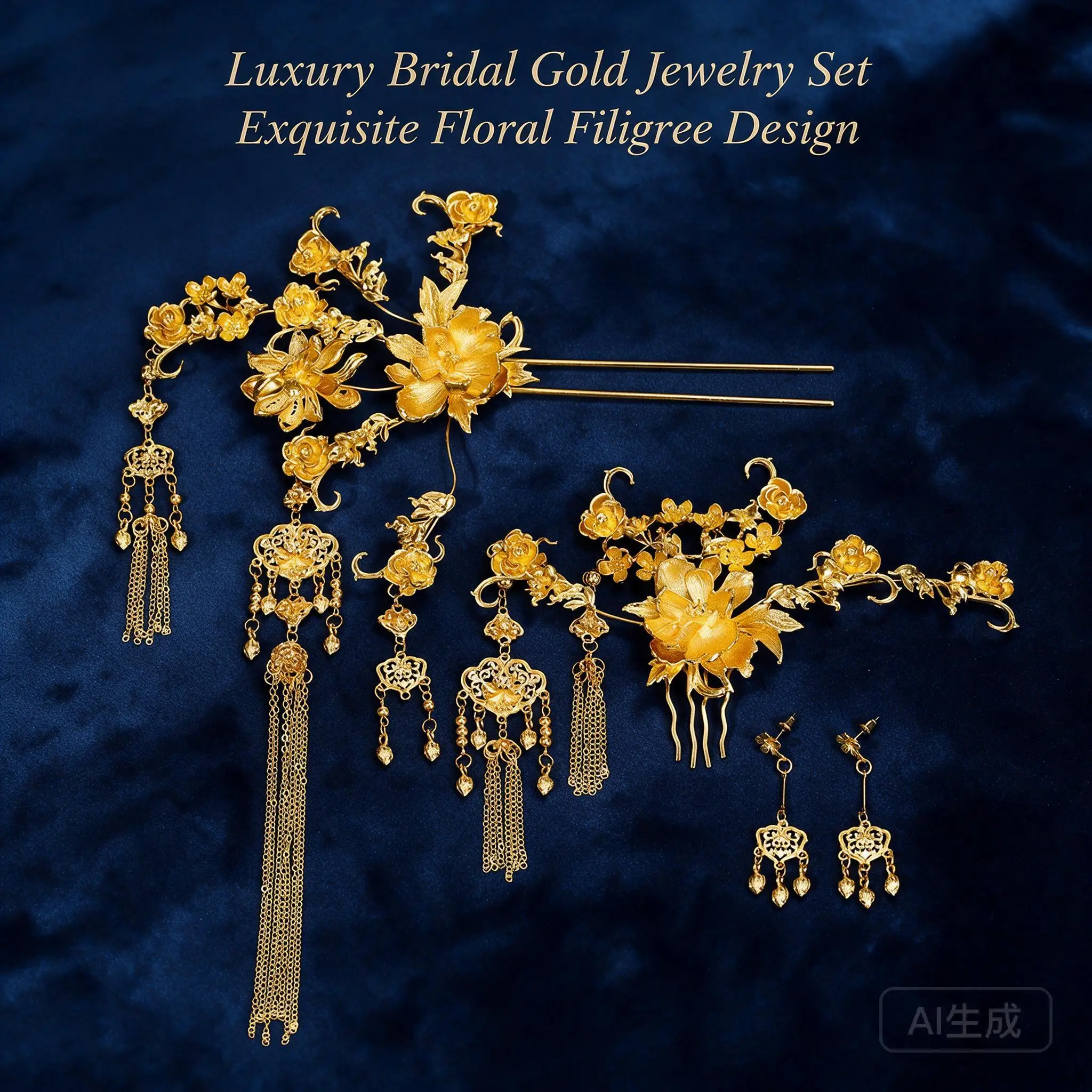Luxurious Gold 3d Peony Hair Pin Hair Comb Tassel Elegant Bridal Wedding Headpiece Set With Optional Earring Styles For Women