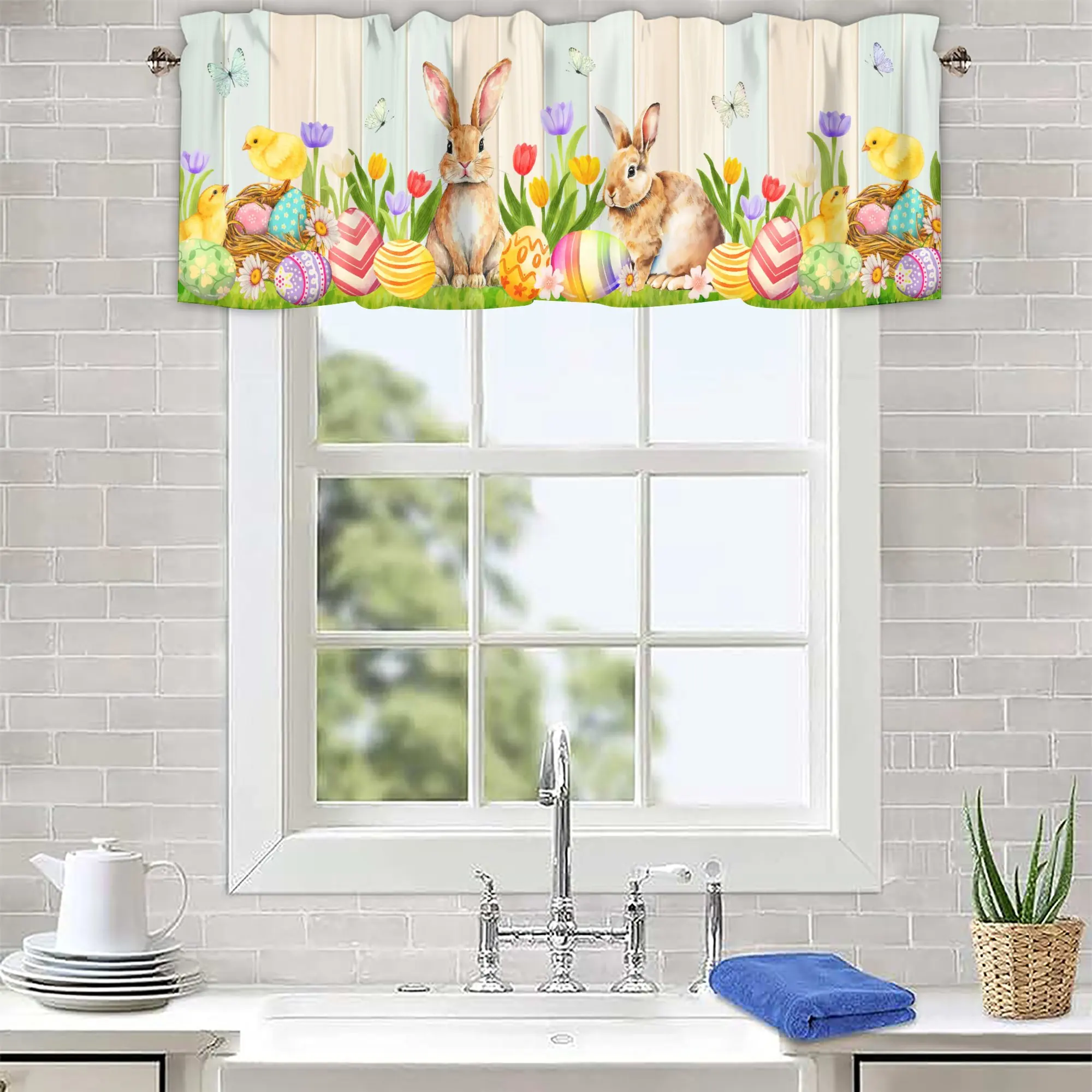 Easter Bunny Window Valance Curtain Flower Rabbits Rod Pocket Kitchen Valances Happy Easter Short Curtain Windows