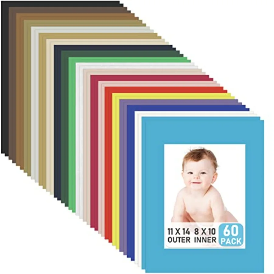 

Набор из 60 паспарту для картин 11 x 14 дюймов, безкислотные, предварительно нарезанные, с белым сердечником, со скошенными краями, для фотографий 8 x 10 дюймов