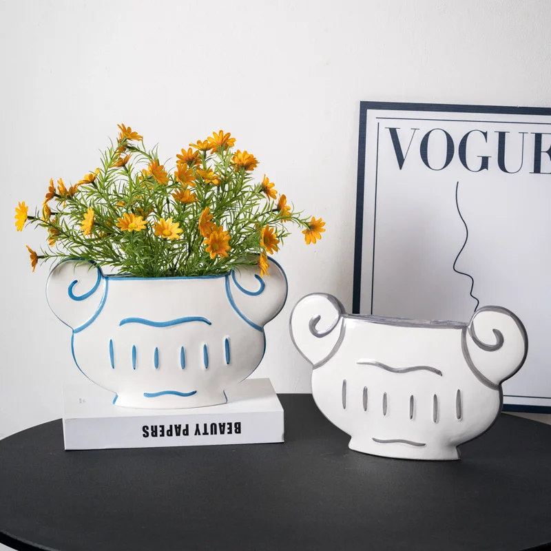 20cm Ceramic Vase Ram Horn Flower Pot Hand Painted Vintage Hydroponic Planter Living Room Desktop Tabletop Home Decor
