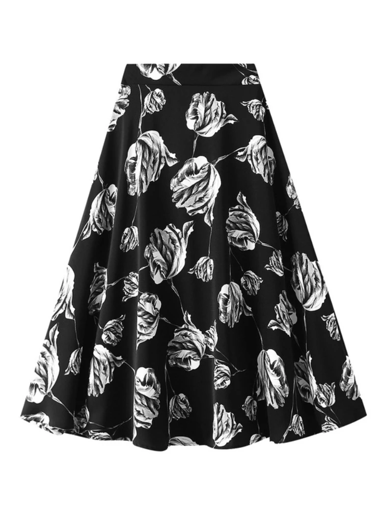 Elegant Women High Waist Roses Printed Skirts Spring Summer Casual Office Lady Midi Skirt Fashion Print Party A-Line Skirt 2023