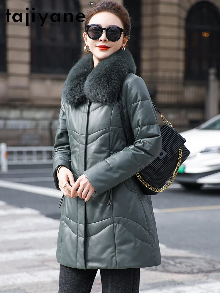 TAJIYANE Real Sheepskin Duck Down Coat Women Chic Green Genuine Leather Jacket Fox Fur Collar Coats Winter Woman Clothes 2025 코트