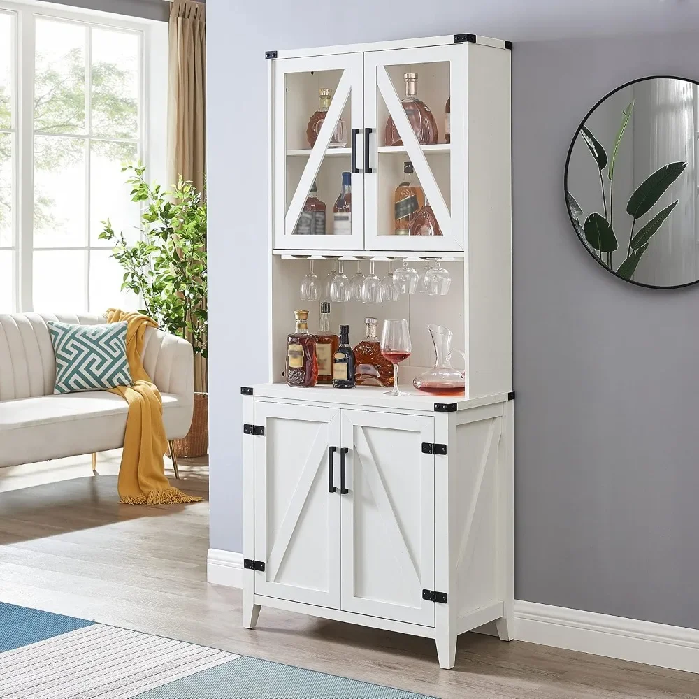 

72" Tall Wood Kitchen Storage cabinets with Doors, Transparent Glass Doors, Wine Cup Holder