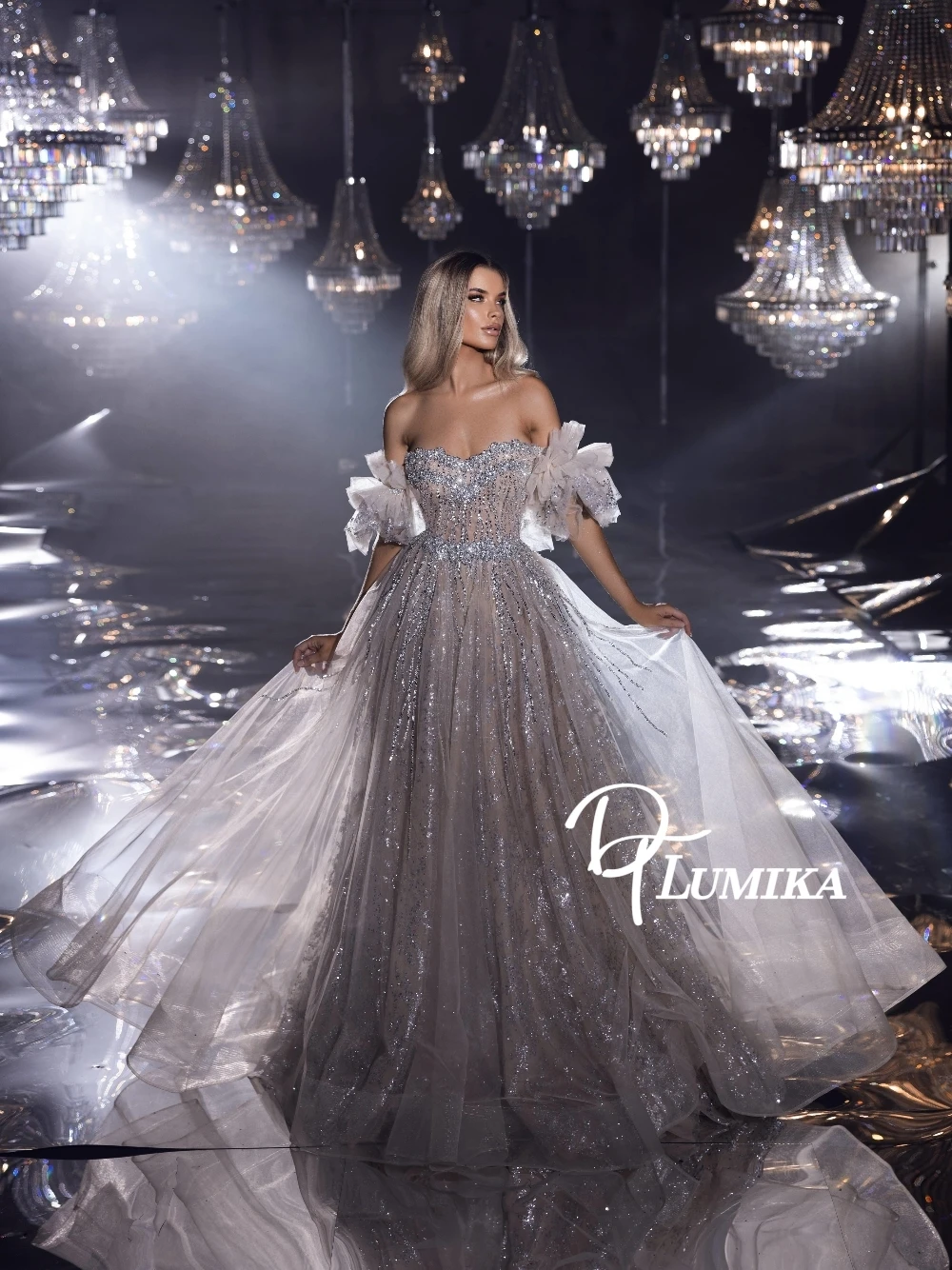 

Fantasy A Line Sparkly Evening Dress Ruffled Off Shoulder Plus Size Cocktail Gown Customized Elegant Modern Birthday Party Wear