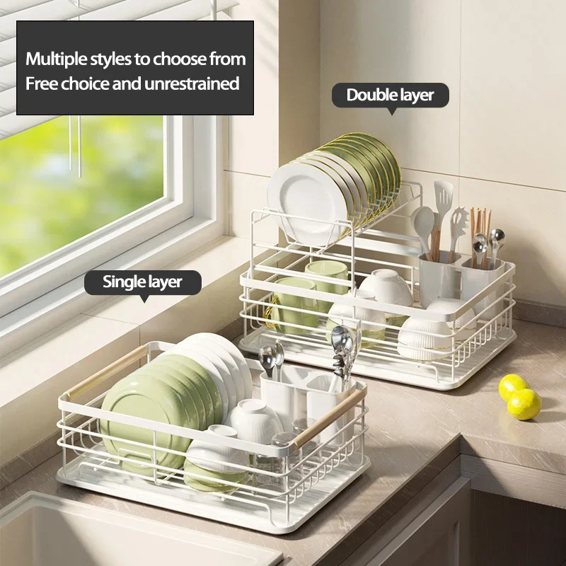 

2-Tier Dish Drying Rack Shelf Dish Bowl Drainer Storage Organizer Kitchen Countertop Tableware Holder Rack With Drained Board