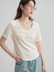 DUSHU【3 Colors】Summer Thin Square Neck Women Cotton Short T-Shirts Front Shoulder Office Lady Tees Curved Hem T-shirt24DS82039