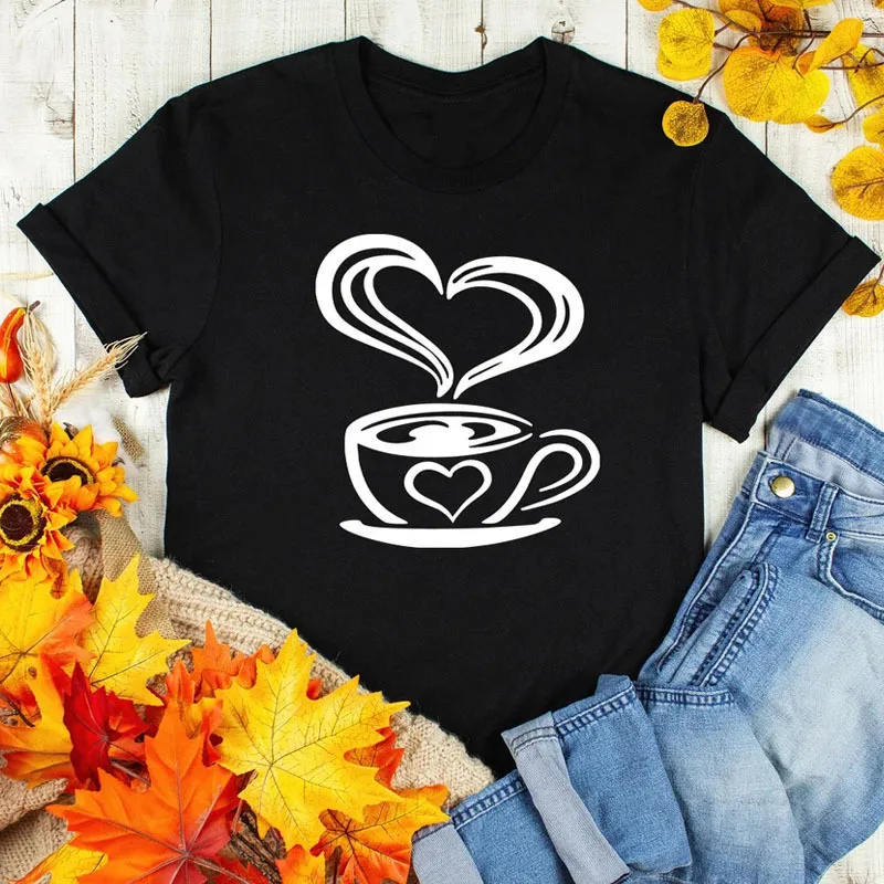 Cotton 100% Fashion Coffee Love Print Casual Pattern Short Sleeve Men and Women Europe and America New Casual T-shirt Men Women