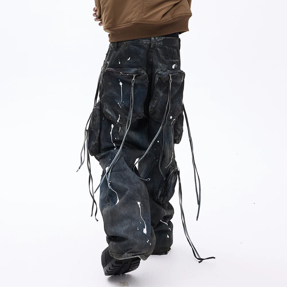 Men's Baggy Cargo Jeans Y2K Grunge Dirty Wash Paint Splatter Ripped Denim Pants Wide Leg Streetwear Distressed Harajuku Trousers