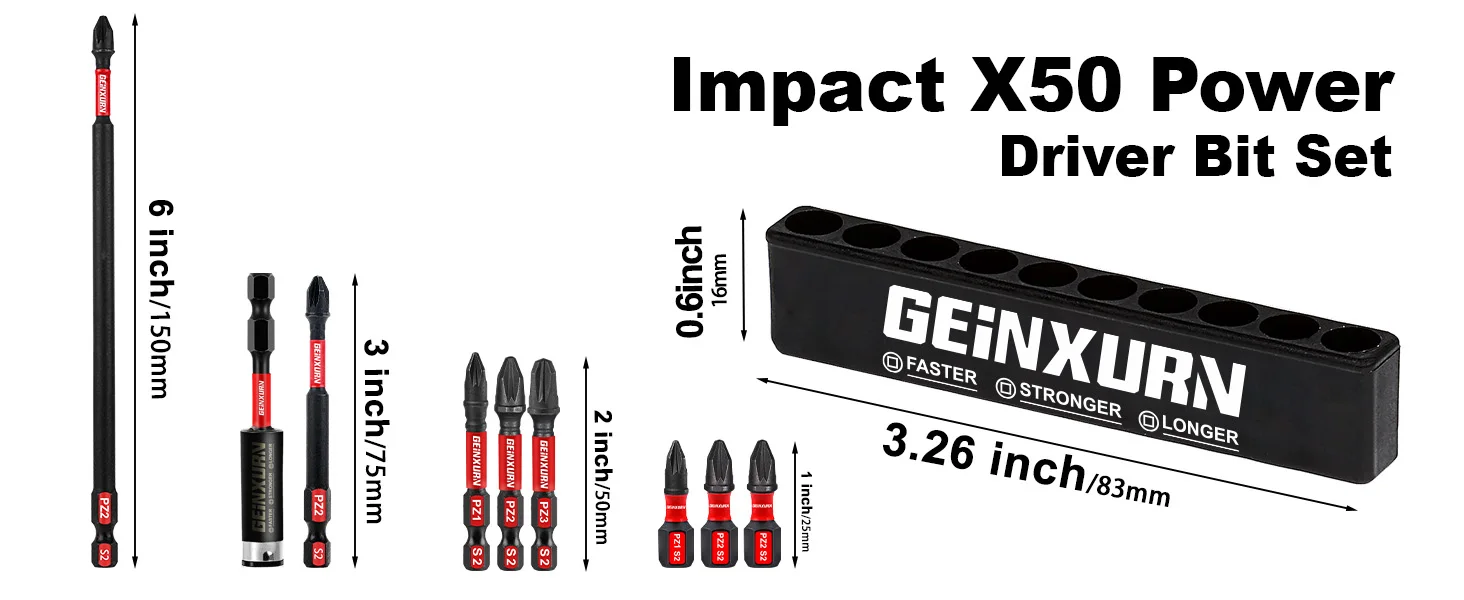 Geinxurn Pozidriv Impact Robustes Schraubendreher-Power-Bit-Set (PZ1, PZ2, PZ3), S2-Bit aus legiertem Stahl mit Aufbewahrungsorganisator – Detail 3