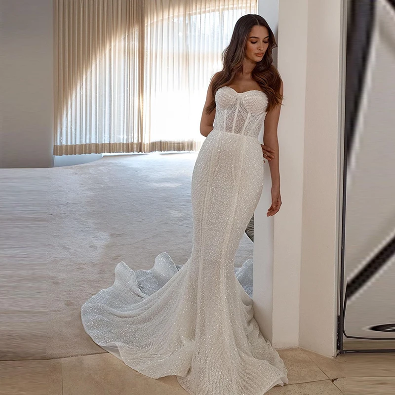 Lussuoso abito da sposa a sirena in pizzo di Tulle con perline abito da ballo senza spalline senza maniche abito da sposa bottone Vestido De Casamento