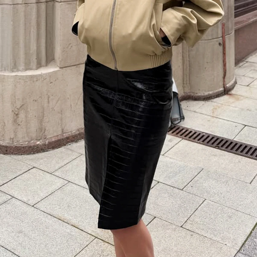 Linad Sexy Black PU Split Skirts For Woman Street Chic Slim High Waist Skirts 2026 Vintage Knee Length Straight Skirt Female