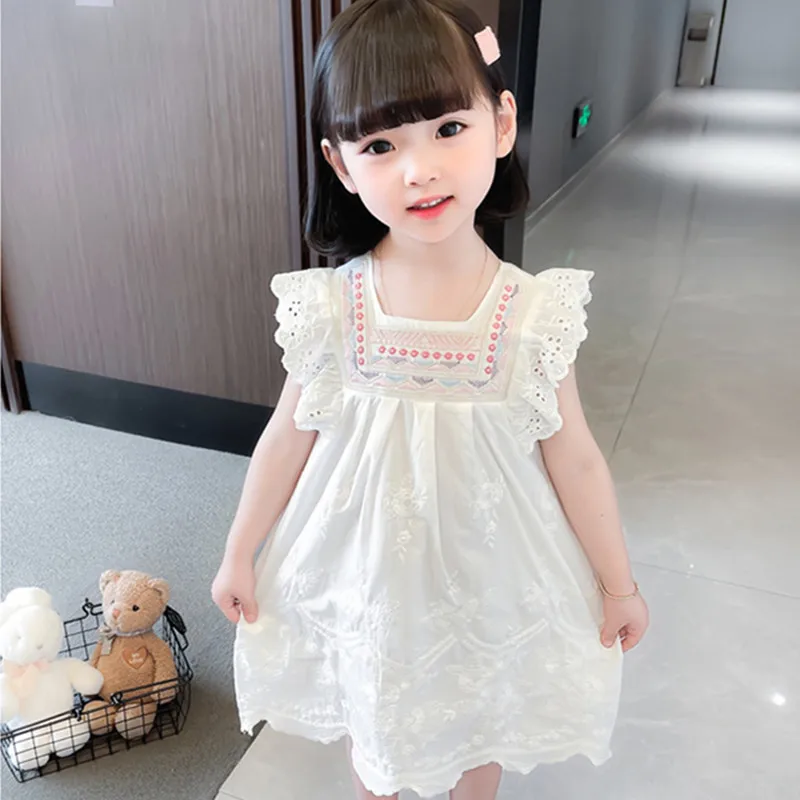 2022 For 1-7Yrs Baby Girl Sleeveless Summer Princess Dress Korean Style Square Collar White Embroidery Party Dress Kids Clothes