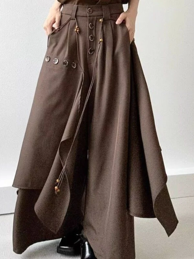 Y2k Harajuku Vintage Japanese Pants Button Irregular High Waist Solid Color Wide Leg Pants Casual Loose Design Women's Clothing