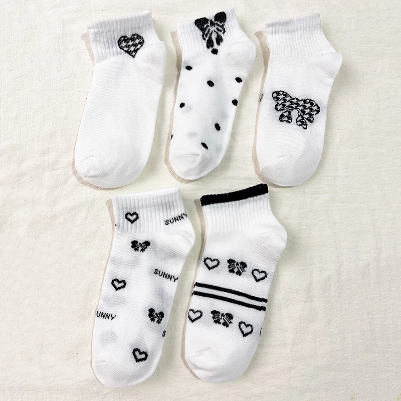 

5 пар женских носков до щиколотки с рисунком бантиков и сердечек, мягкие хлопковые носки для повседневной носки