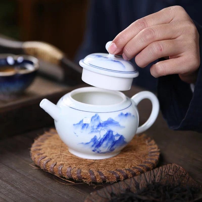 Chinese Jingdezhen Vintage Porcelain Ceramic Infuser Teapot with Strainer, Jasmine Oolong Flower, Te Guan Yin Tea Ceremony