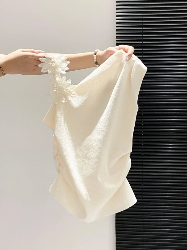 

French Style Sleeveless Vest Women's Summer New Slimming Floral Print Baring Shoulder Top Waist Cinched Casual Loose Fit