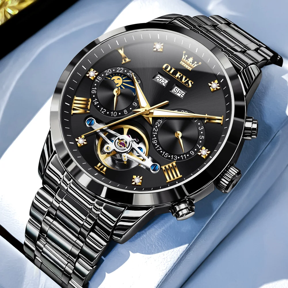 

OLEVS Black Steel Selling Fashion Trend Skeleton Automatic Mechanical Watch for Men Original Multifunction Tourbillon Men Watch