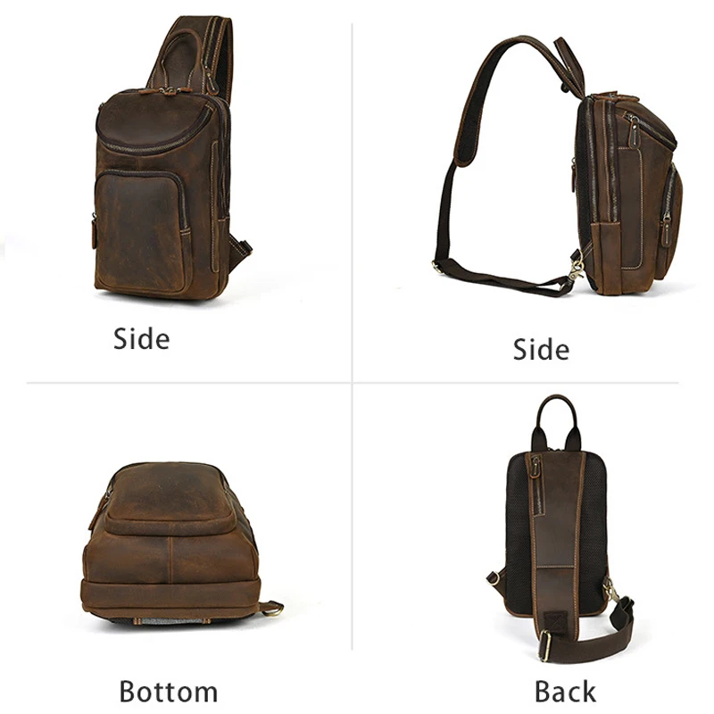 حقائب صدر كلاسيكية بكتف واحد من جلد البقر الأصلي باللون البني مع جيوب متعددة بسحاب وحزام قابل للتعديل