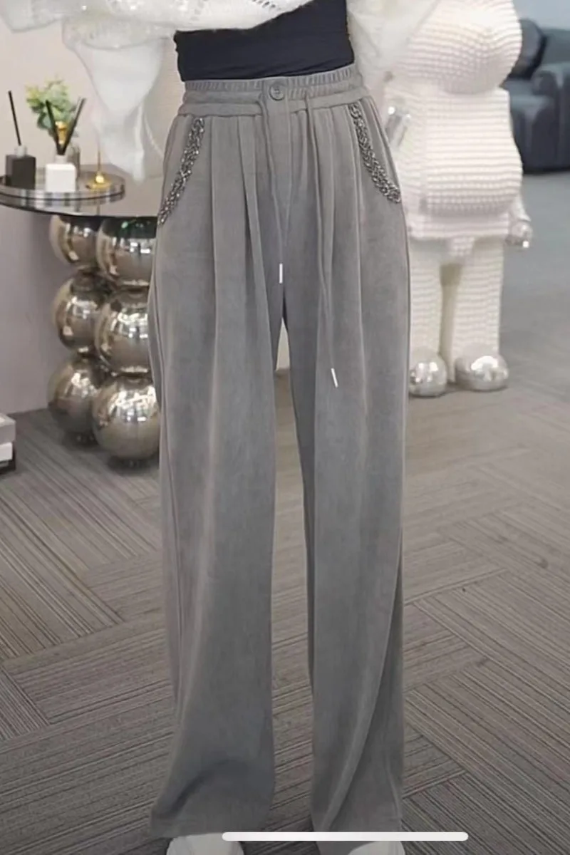 بنطلون نسائي واسع الساق بخصر مرتفع للربيع والخريف، رقيق وعملي، طويل، بنمط الماس، سترة صغيرة الحجم مع تطريز دائري...