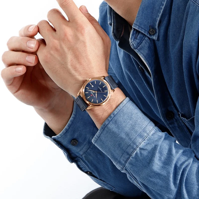 

NAVIFORCE Men's Watches Fashion Genuine Leather Band 30M Waterproof Male Quartz Wristwatches Luminous point Date Display Clock