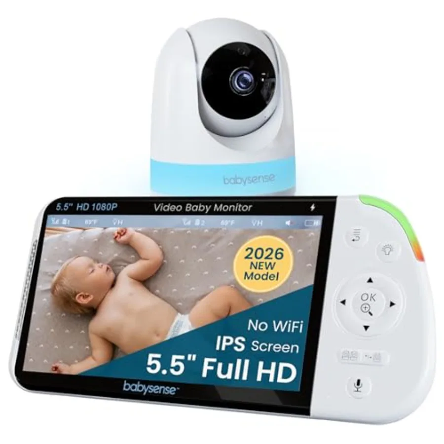 Baby monitor for nursery use, ABS plastic, white, Full HD 5.5 split screen with secure non-WiFi connection, 6-color night light