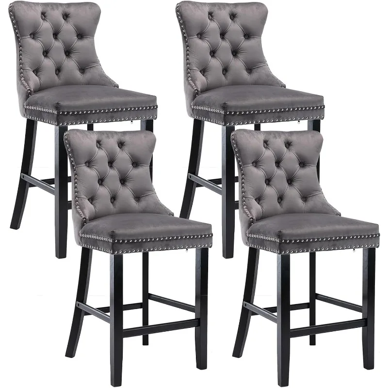 Bar Stools Set of 4 Counter Height, Velvet Upholstered Barstools with Solid Wood Legs, Button Tufted and Nailheads Trim