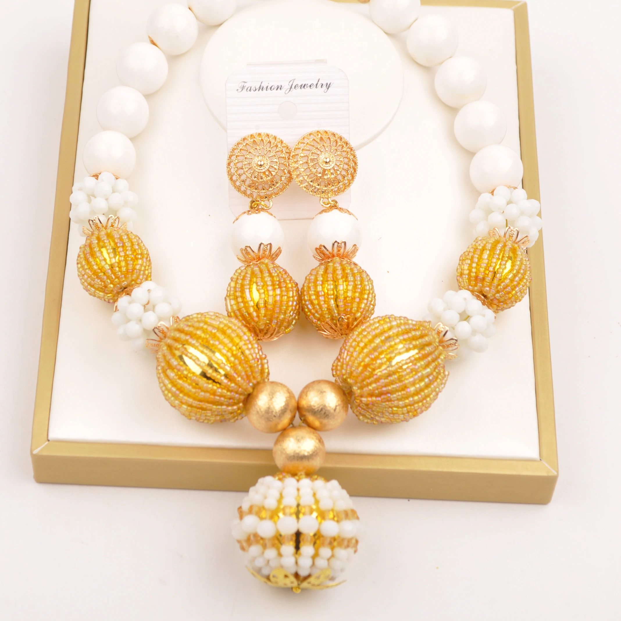 

Fashion African Jewelry Set White and Champagne Gold Nigerian Wedding Bridal Jewelry Sets