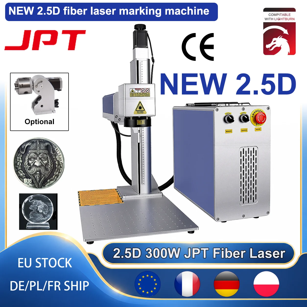Macchina per marcatura laser a fibra BSL 300W 200W 2.5D con sorgente laser JPT, supporta LightBurn, incisore di metallo ad alta precisione per superfici curve, etichette e altro, laser 100W 60W
