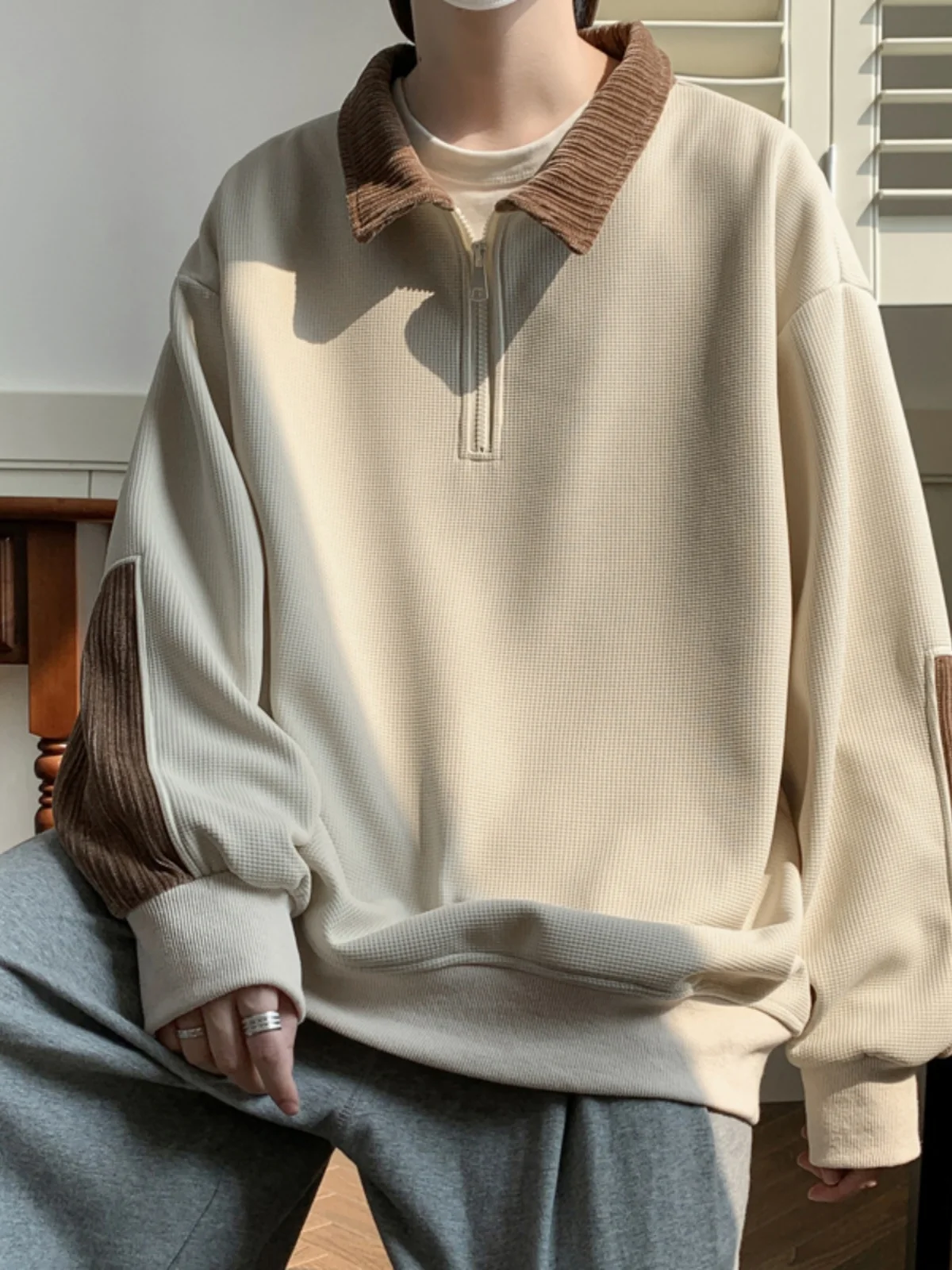 

American Sle irt Hoodie Men's Fall Large Size Retro Patchwork Turn-down Collar Top Coat Casual Loose Fit Color Blo