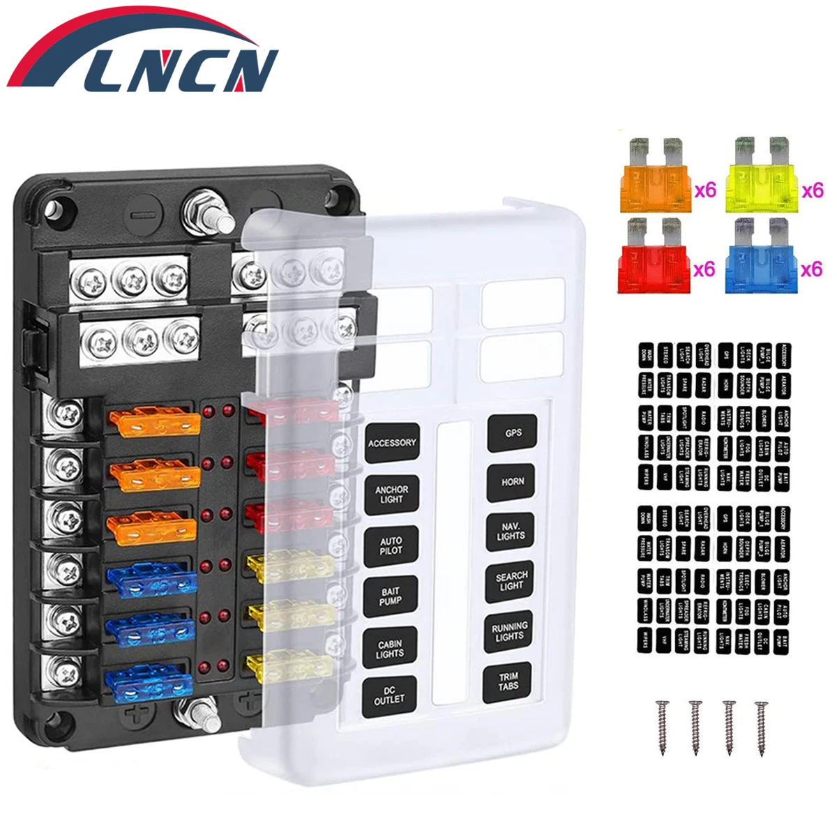 Car Boat Fuse Box Holder With 12 Ways Blade Fuse Holder Block Warning Indicator 12V-24V Power Distribution Panel Board