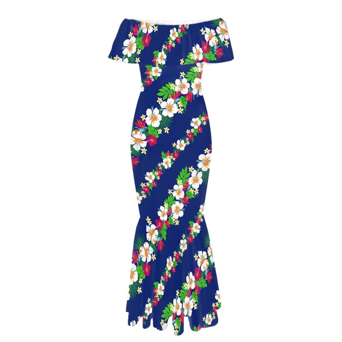 ชุดเดรสออกงานลายดอกชบาแบบโพลินีเซียน ทรงเมอร์เมดเปิดไหล่  แบบเข้ารูปสั่งตัดได้  สีน้ำเงิน  สำหรับงานเลี้ยงค็อกเทล