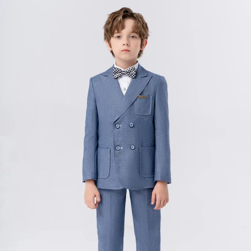 Boys Blue Slim Fit Suits Formal Wear Children Teenagers Groomsman Performance Host Clothes Kids Plaid Students Party Full Dress