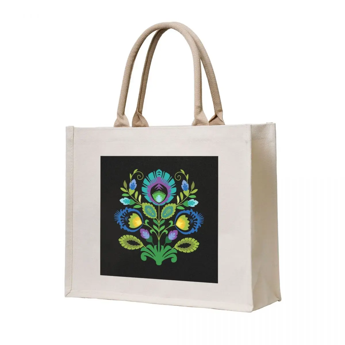 Polish Folk Flowers Teal on Black Tote Bag bags luxury women custom canvas bag Women bags