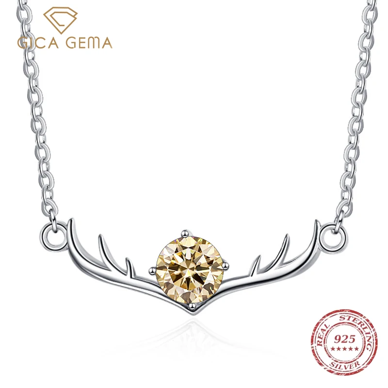 

Gica Gema Real Moissanite Diamond Multicolor Pendant Necklace For Women 100% 925 Sterling Silver Elk Antlers Party Jewelry Gifts