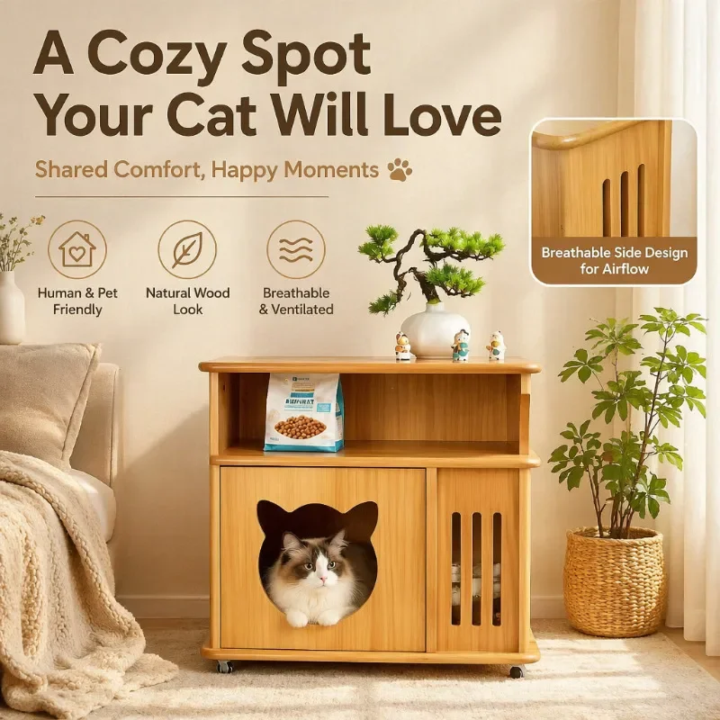 Wooden cat cabinet with wheels Bedside table Integrated closed cat nest Living room storage pet cabinet Breathable cat cabin